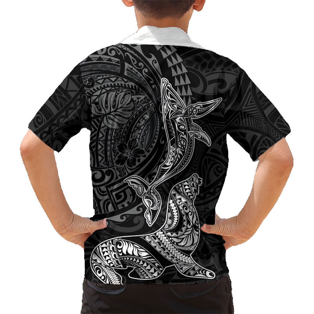 Hawaiian Monk Seal and Whale Family Matching Tank Maxi Dress and Hawaiian Shirt Kakau Tribal Pattern Grayscale LT03 - Polynesian Pride