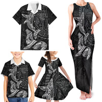 Hawaiian Monk Seal and Whale Family Matching Tank Maxi Dress and Hawaiian Shirt Kakau Tribal Pattern Grayscale LT03 - Polynesian Pride
