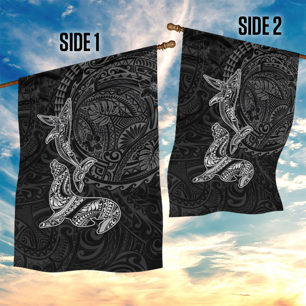 Hawaiian Monk Seal and Whale Garden Flag Kakau Tribal Pattern Grayscale