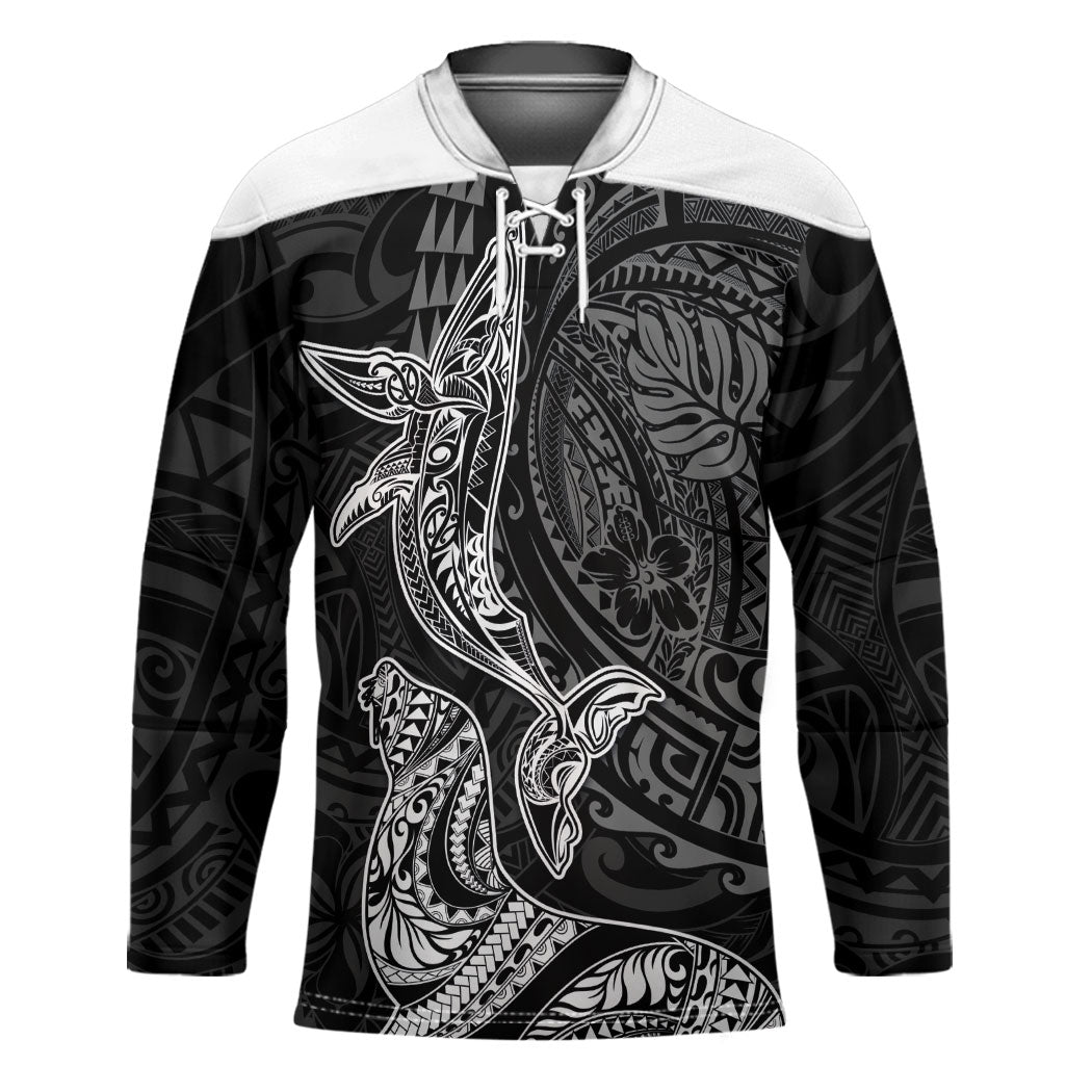 Hawaiian Monk Seal and Whale Hockey Jersey Kakau Tribal Pattern Grayscale