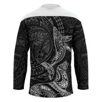 Hawaiian Monk Seal and Whale Hockey Jersey Kakau Tribal Pattern Grayscale