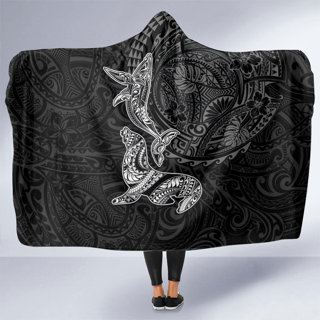 Hawaiian Monk Seal and Whale Hooded Blanket Kakau Tribal Pattern Grayscale