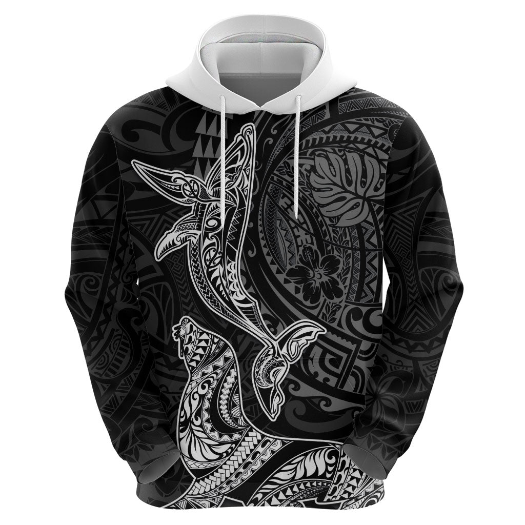 Hawaiian Monk Seal and Whale Hoodie Kakau Tribal Pattern Grayscale
