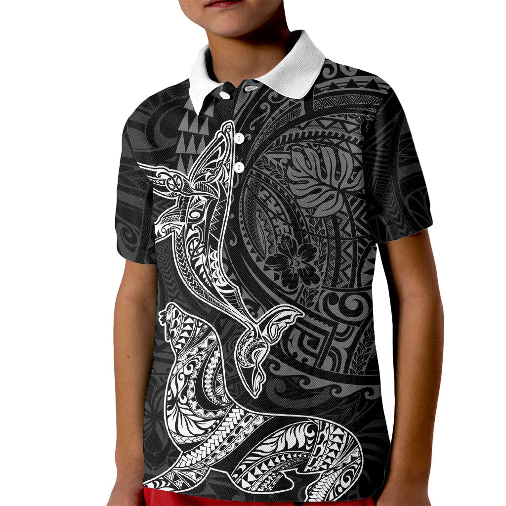 Hawaiian Monk Seal and Whale Kid Polo Shirt Kakau Tribal Pattern Grayscale