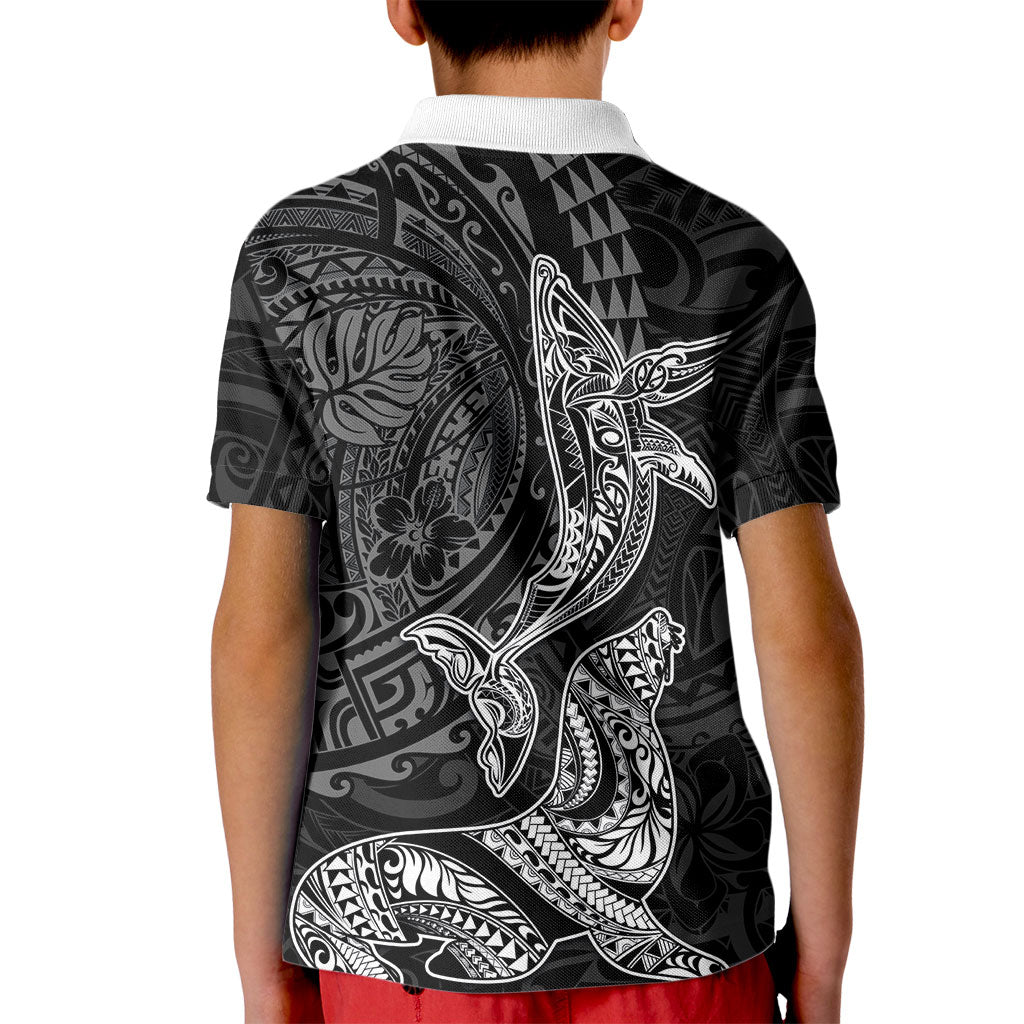 Hawaiian Monk Seal and Whale Kid Polo Shirt Kakau Tribal Pattern Grayscale