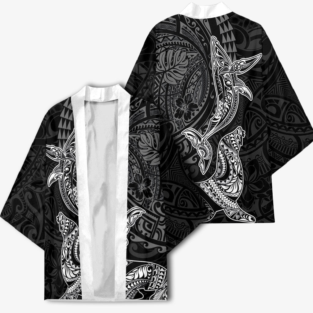 Hawaiian Monk Seal and Whale Kimono Kakau Tribal Pattern Grayscale