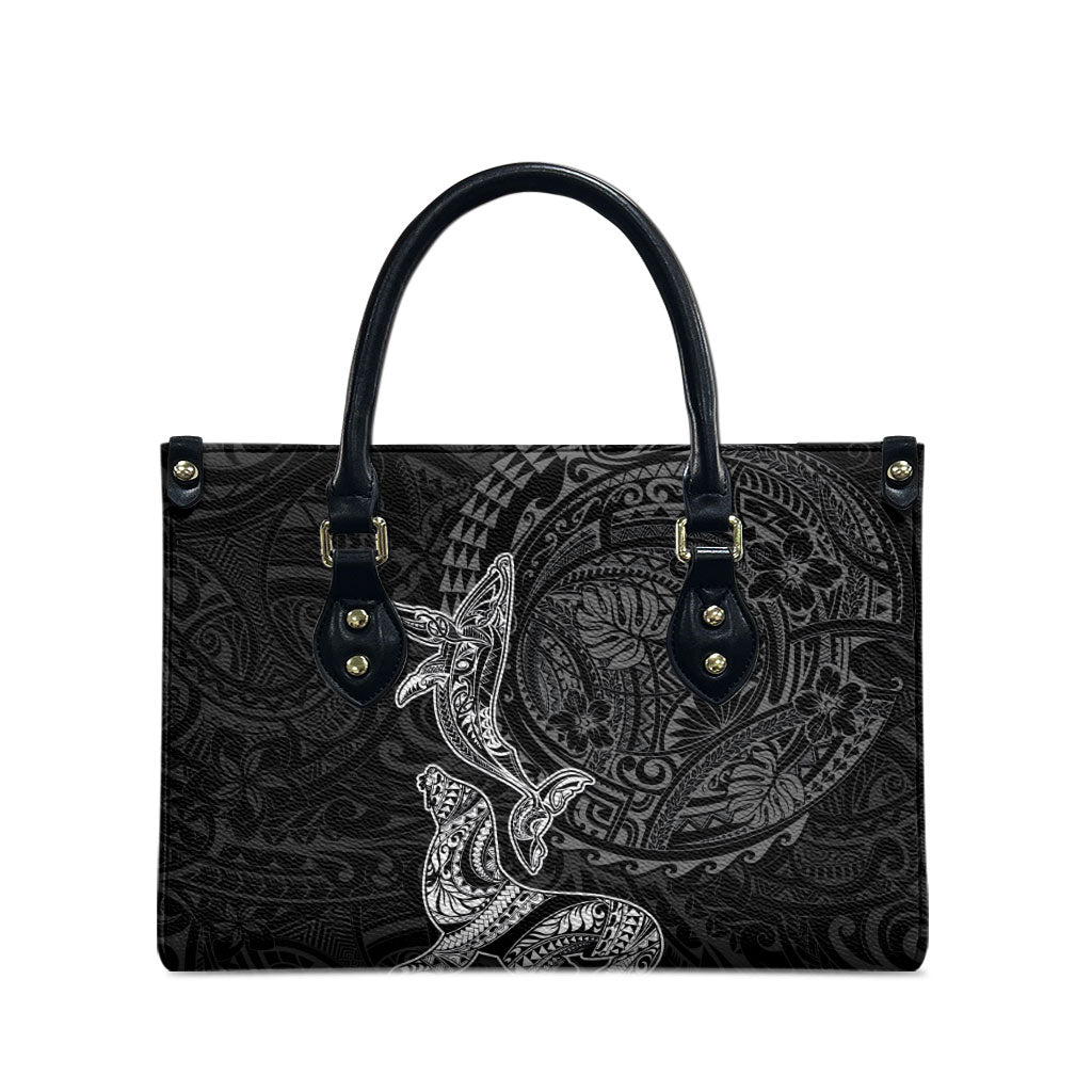 Hawaiian Monk Seal and Whale Leather Bag Kakau Tribal Pattern Grayscale