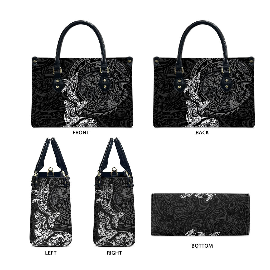 Hawaiian Monk Seal and Whale Leather Bag Kakau Tribal Pattern Grayscale