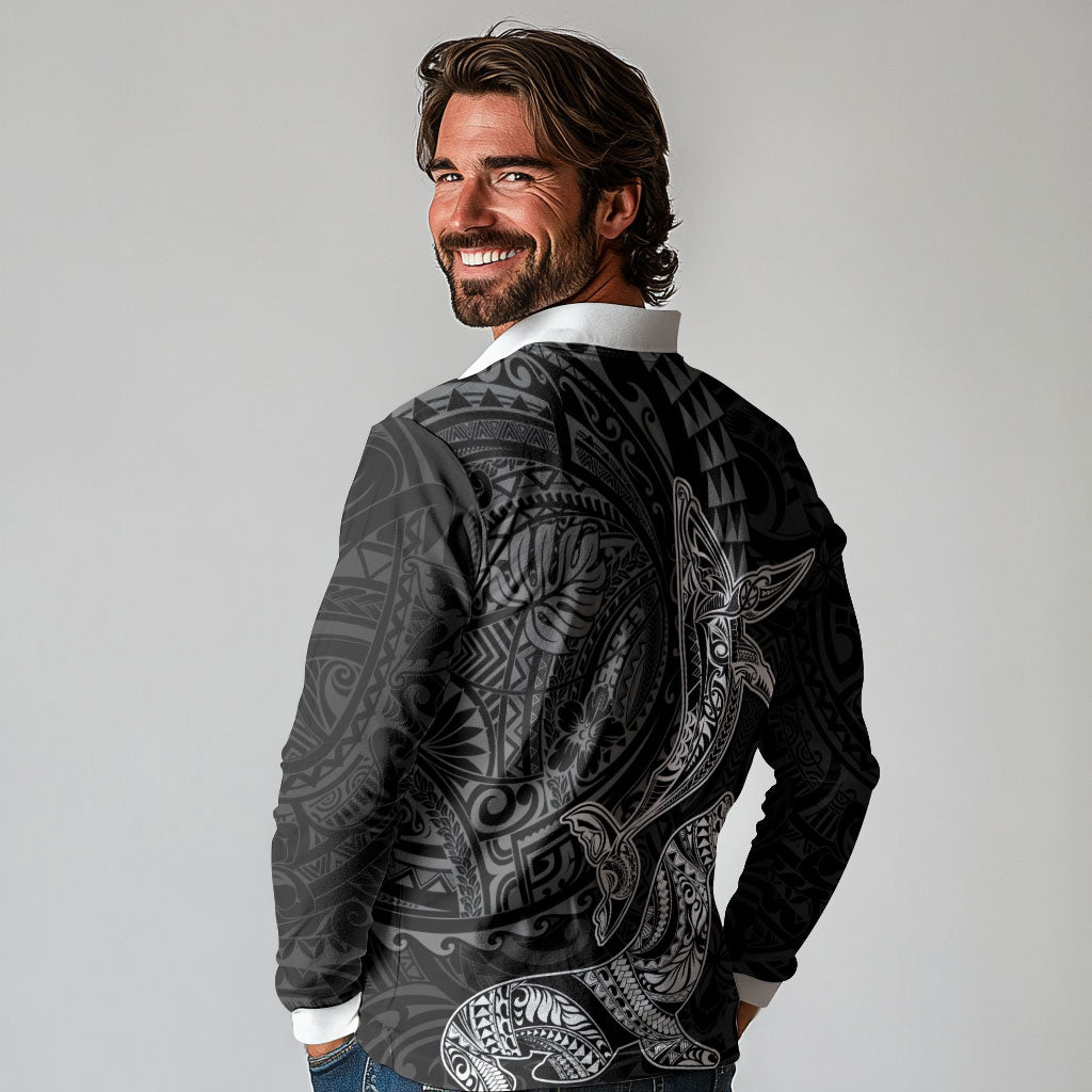 Hawaiian Monk Seal and Whale Long Sleeve Polo Shirt Kakau Tribal Pattern Grayscale