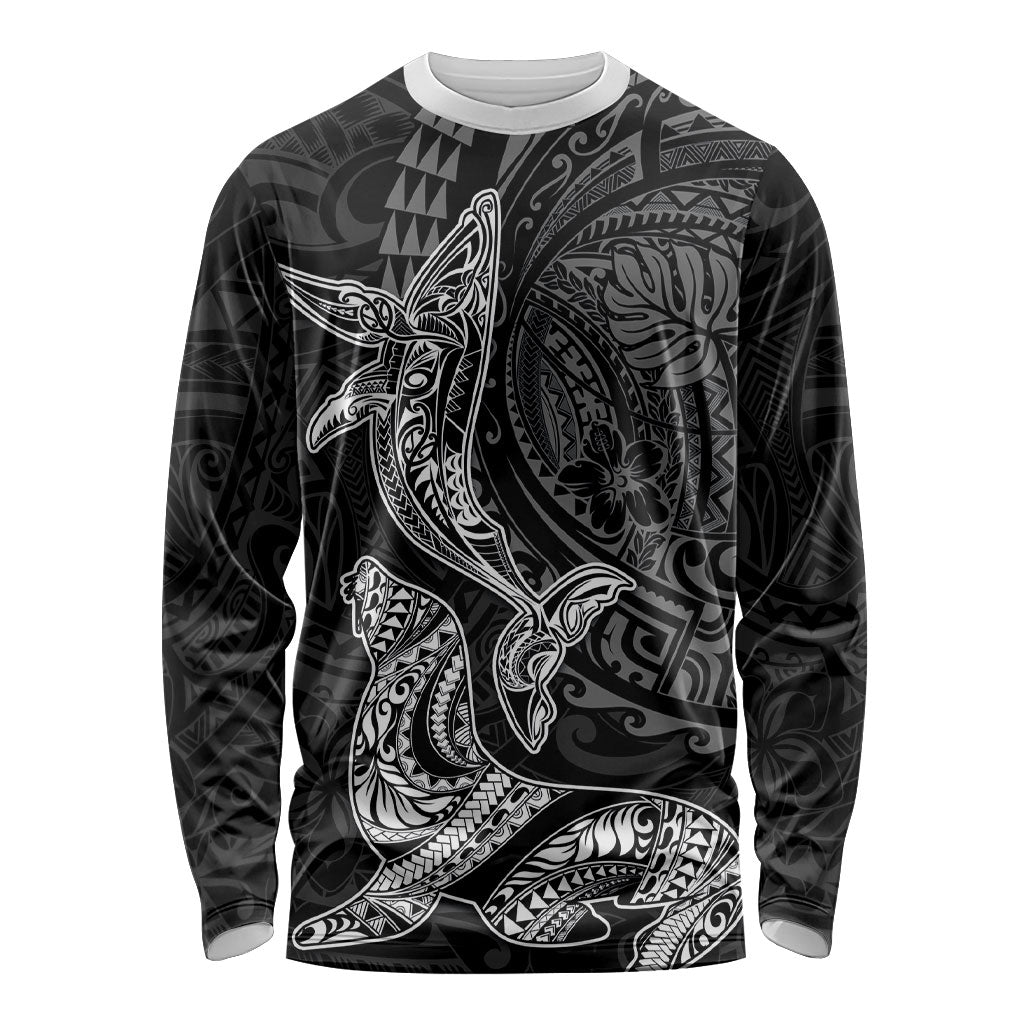 Hawaiian Monk Seal and Whale Long Sleeve Shirt Kakau Tribal Pattern Grayscale