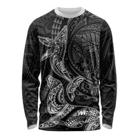 Hawaiian Monk Seal and Whale Long Sleeve Shirt Kakau Tribal Pattern Grayscale