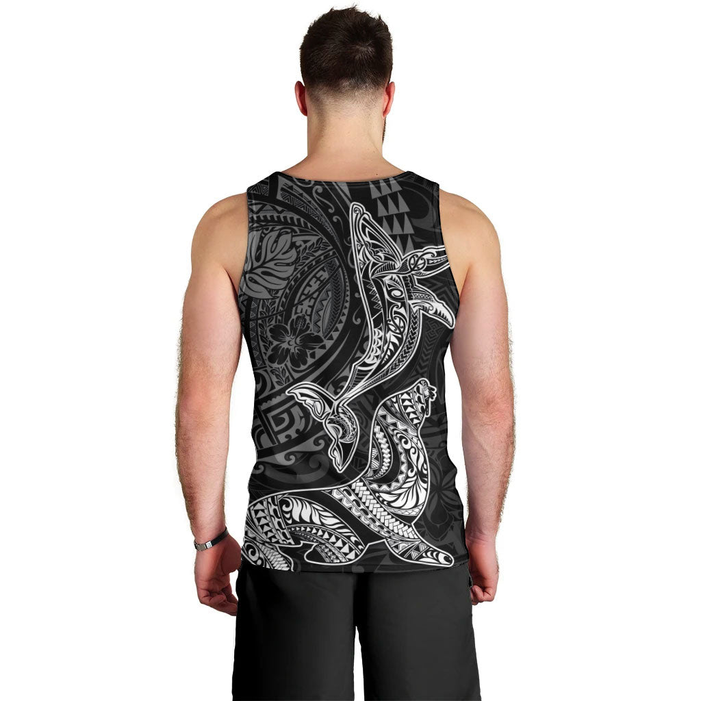 Hawaiian Monk Seal and Whale Men Tank Top Kakau Tribal Pattern Grayscale