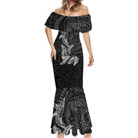 Hawaiian Monk Seal and Whale Mermaid Dress Kakau Tribal Pattern Grayscale