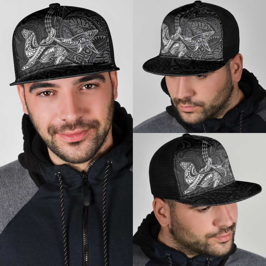 Hawaiian Monk Seal and Whale Mesh Trucker Cap Kakau Tribal Pattern Grayscale