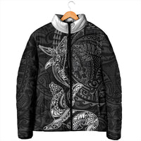 Hawaiian Monk Seal and Whale Padded Jacket Kakau Tribal Pattern Grayscale