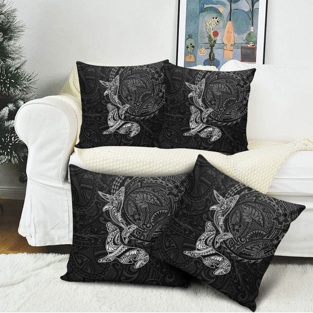 Hawaiian Monk Seal and Whale Pillow Cover Kakau Tribal Pattern Grayscale