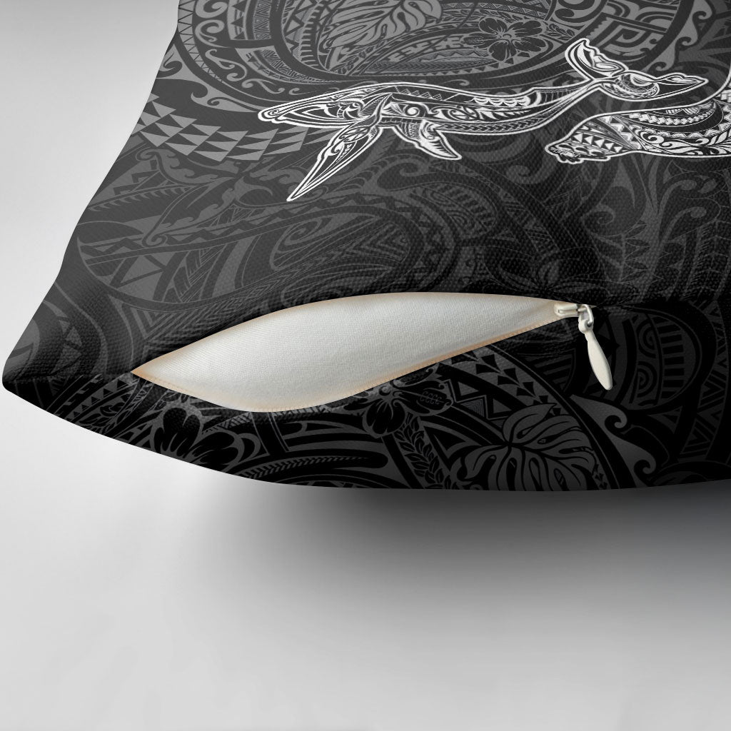 Hawaiian Monk Seal and Whale Pillow Cover Kakau Tribal Pattern Grayscale