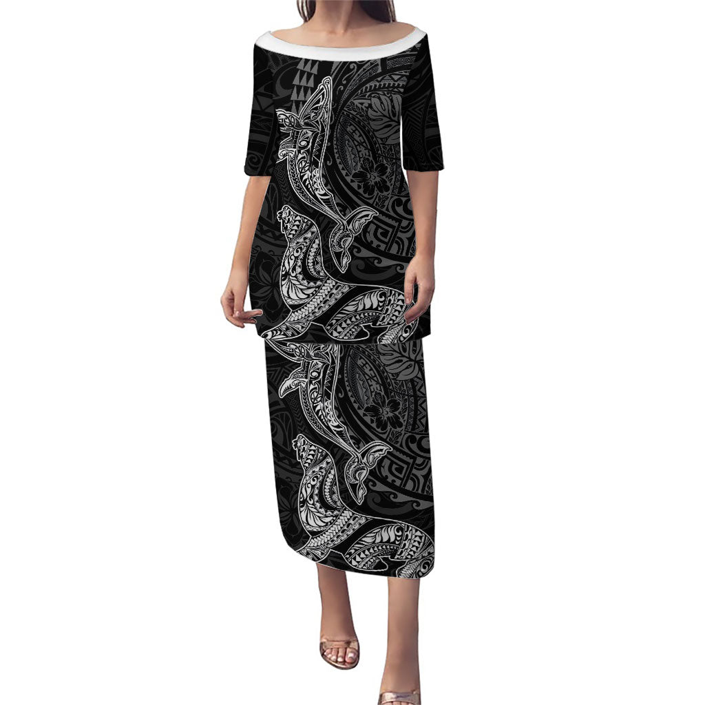 Hawaiian Monk Seal and Whale Puletasi Kakau Tribal Pattern Grayscale