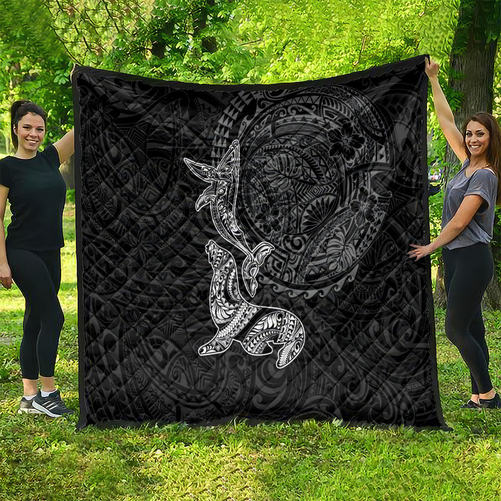 Hawaiian Monk Seal and Whale Quilt Kakau Tribal Pattern Grayscale