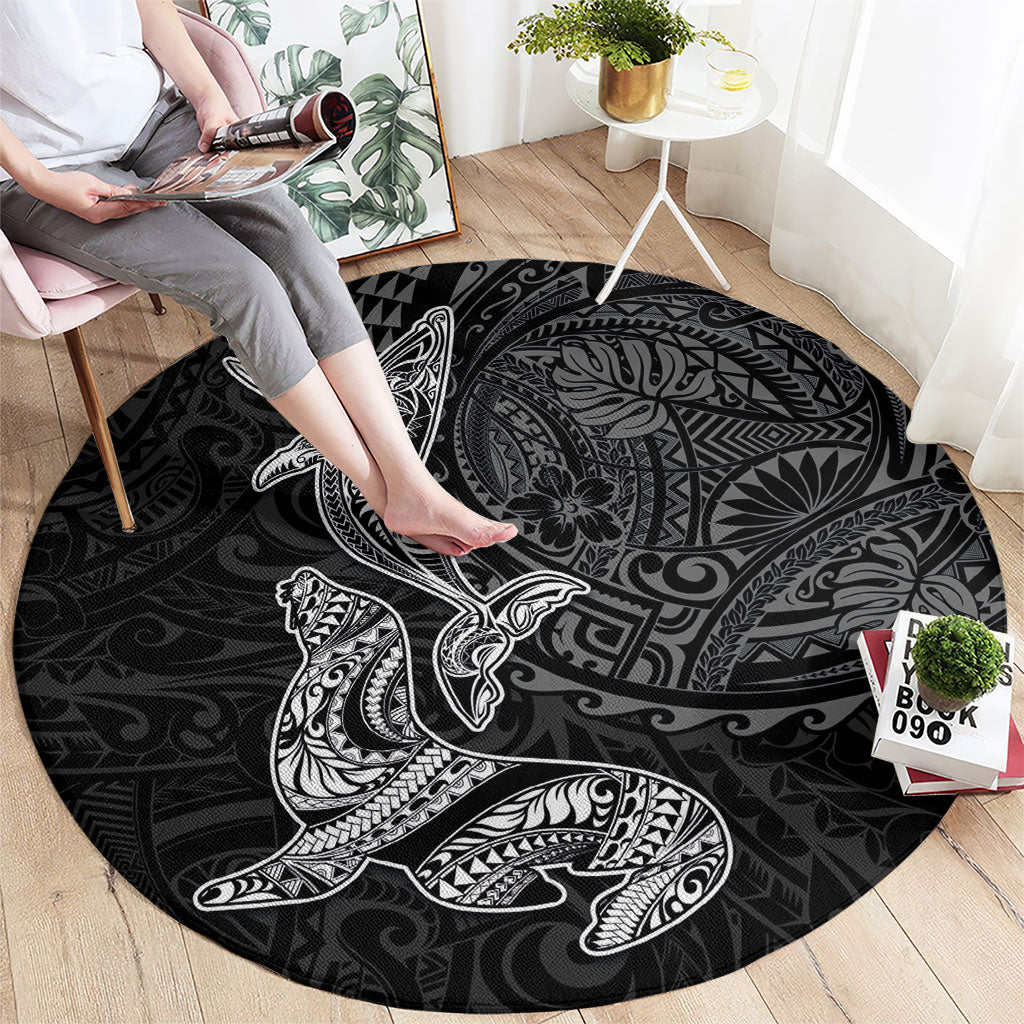 Hawaiian Monk Seal and Whale Round Carpet Kakau Tribal Pattern Grayscale