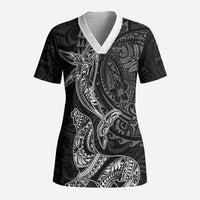 Hawaiian Monk Seal and Whale Scrub Top Kakau Tribal Pattern Grayscale