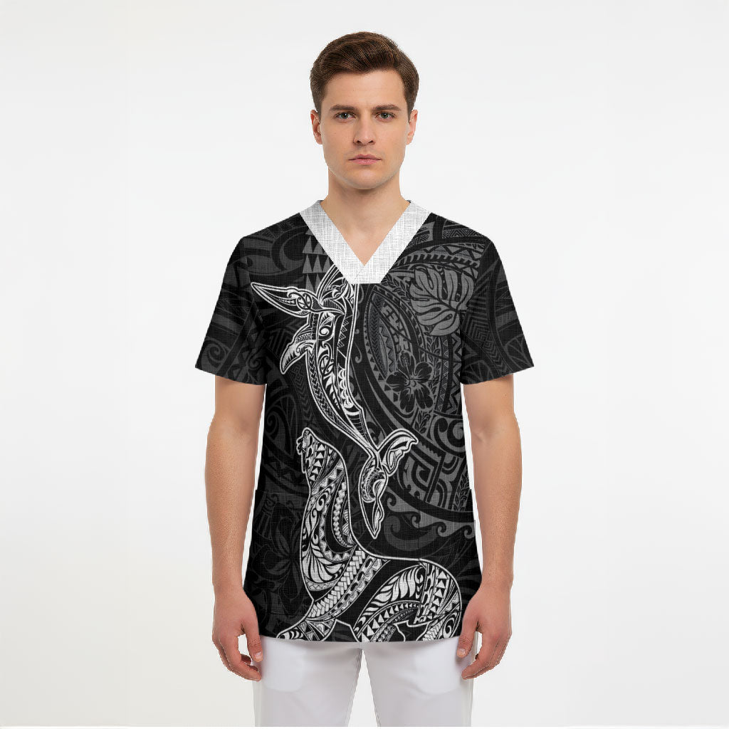 Hawaiian Monk Seal and Whale Scrub Top Kakau Tribal Pattern Grayscale