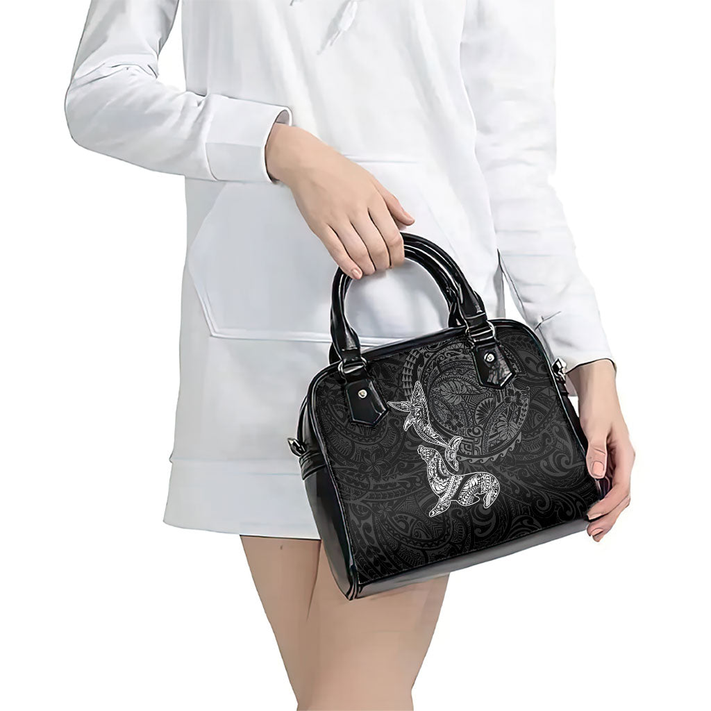 Hawaiian Monk Seal and Whale Shoulder Handbag Kakau Tribal Pattern Grayscale