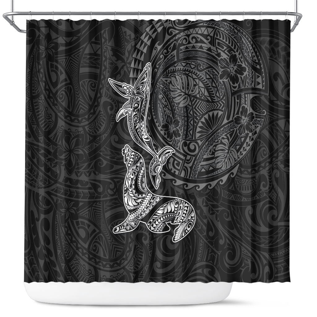Hawaiian Monk Seal and Whale Shower Curtain Kakau Tribal Pattern Grayscale