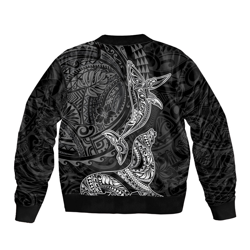 Hawaiian Monk Seal and Whale Sleeve Zip Bomber Jacket Kakau Tribal Pattern Grayscale