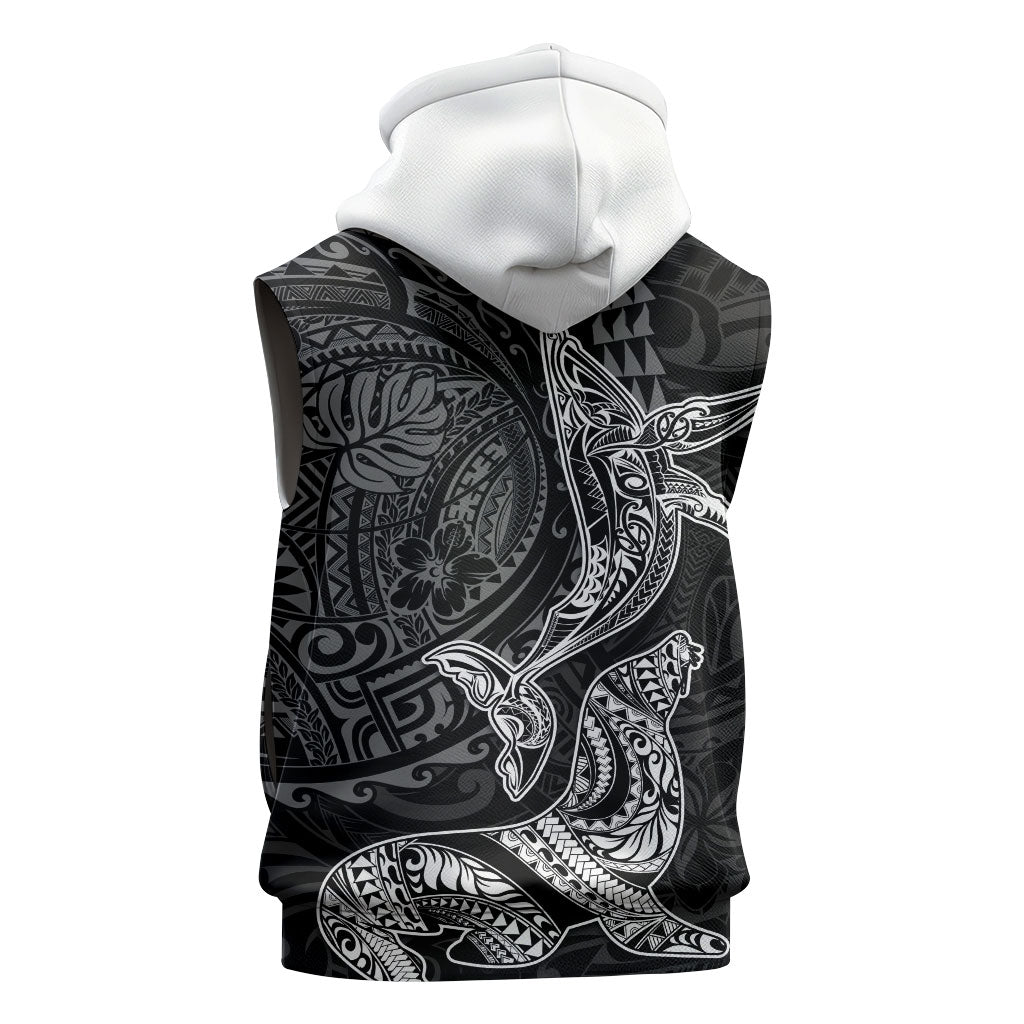 Hawaiian Monk Seal and Whale Sleeveless Hoodie Kakau Tribal Pattern Grayscale