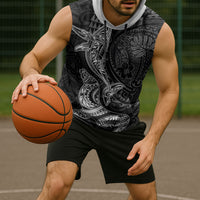 Hawaiian Monk Seal and Whale Sleeveless Hoodie Kakau Tribal Pattern Grayscale