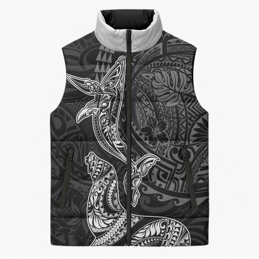 Hawaiian Monk Seal and Whale Sleeveless Puffer Jacket Kakau Tribal Pattern Grayscale