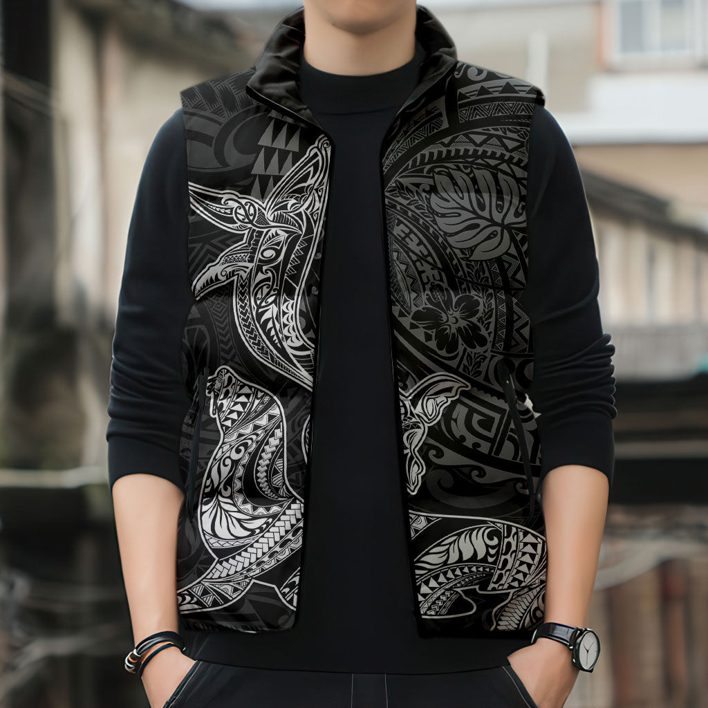 Hawaiian Monk Seal and Whale Sleeveless Puffer Jacket Kakau Tribal Pattern Grayscale