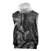 Hawaiian Monk Seal and Whale Sleeveless Zip Hoodie Kakau Tribal Pattern Grayscale