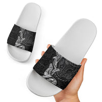 Hawaiian Monk Seal and Whale Slide Sandals Kakau Tribal Pattern Grayscale