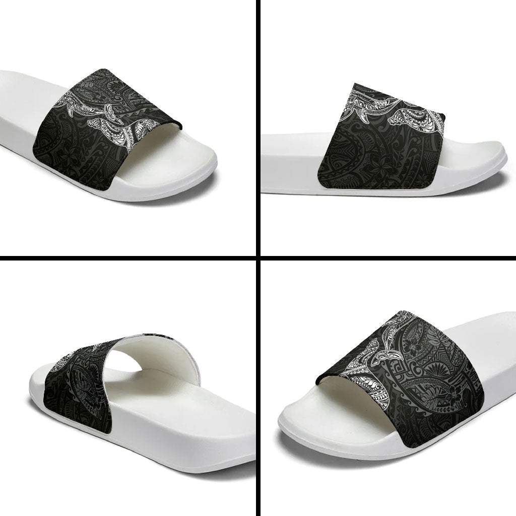 Hawaiian Monk Seal and Whale Slide Sandals Kakau Tribal Pattern Grayscale