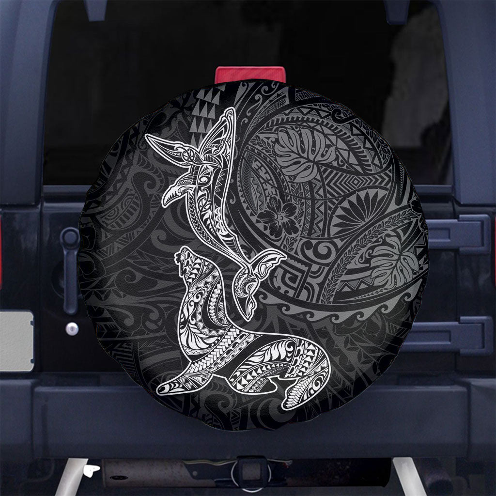 Hawaiian Monk Seal and Whale Spare Tire Cover Kakau Tribal Pattern Grayscale
