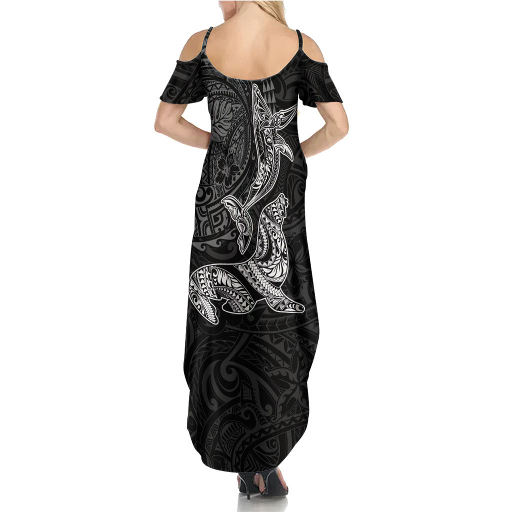 Hawaiian Monk Seal and Whale Summer Maxi Dress Kakau Tribal Pattern Grayscale