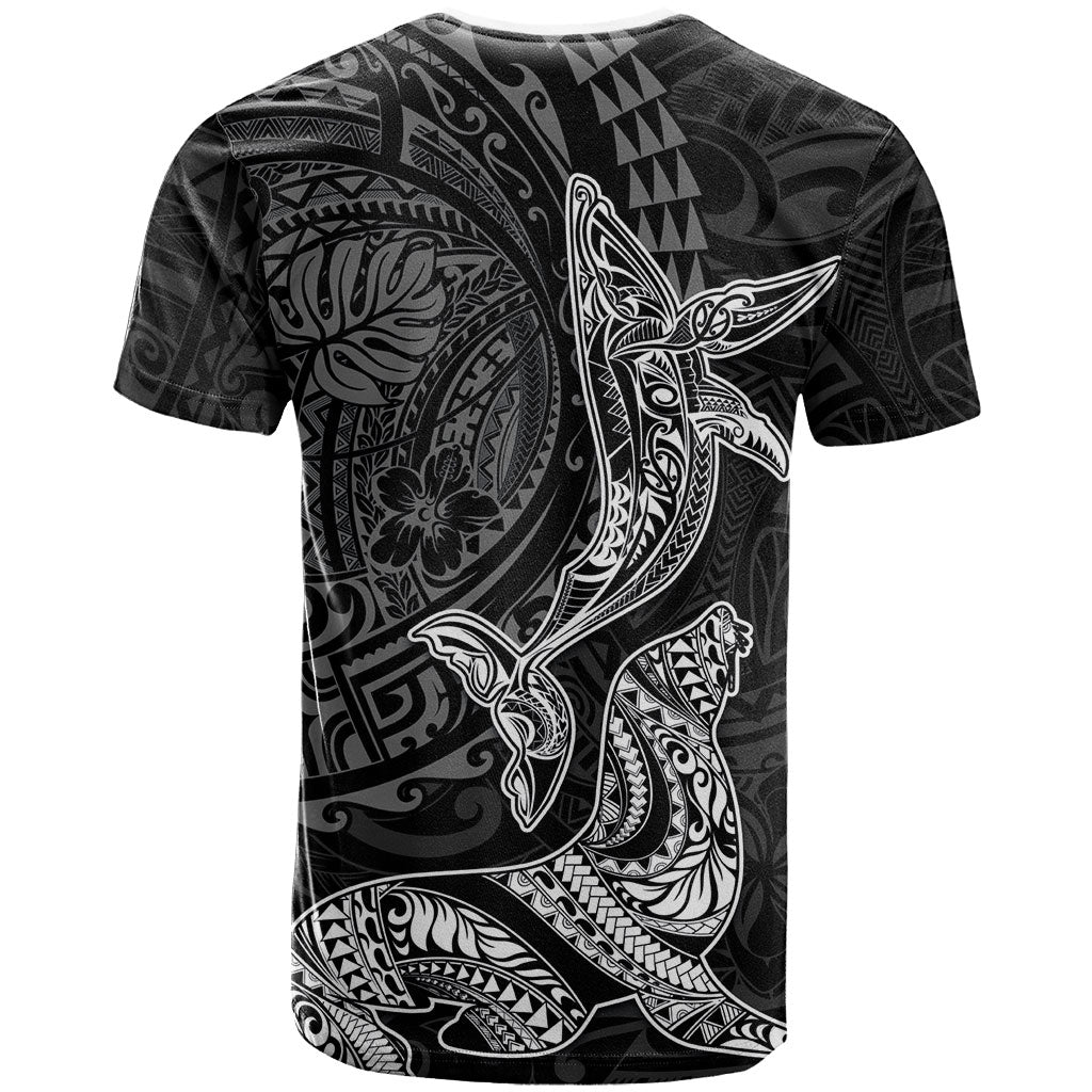 Hawaiian Monk Seal and Whale T Shirt Kakau Tribal Pattern Grayscale