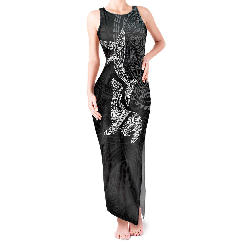 Hawaiian Monk Seal and Whale Tank Maxi Dress Kakau Tribal Pattern Grayscale