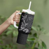 Hawaiian Monk Seal and Whale Tumbler With Handle Kakau Tribal Pattern Grayscale