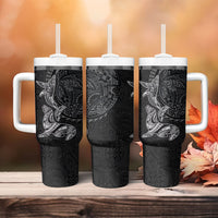 Hawaiian Monk Seal and Whale Tumbler With Handle Kakau Tribal Pattern Grayscale