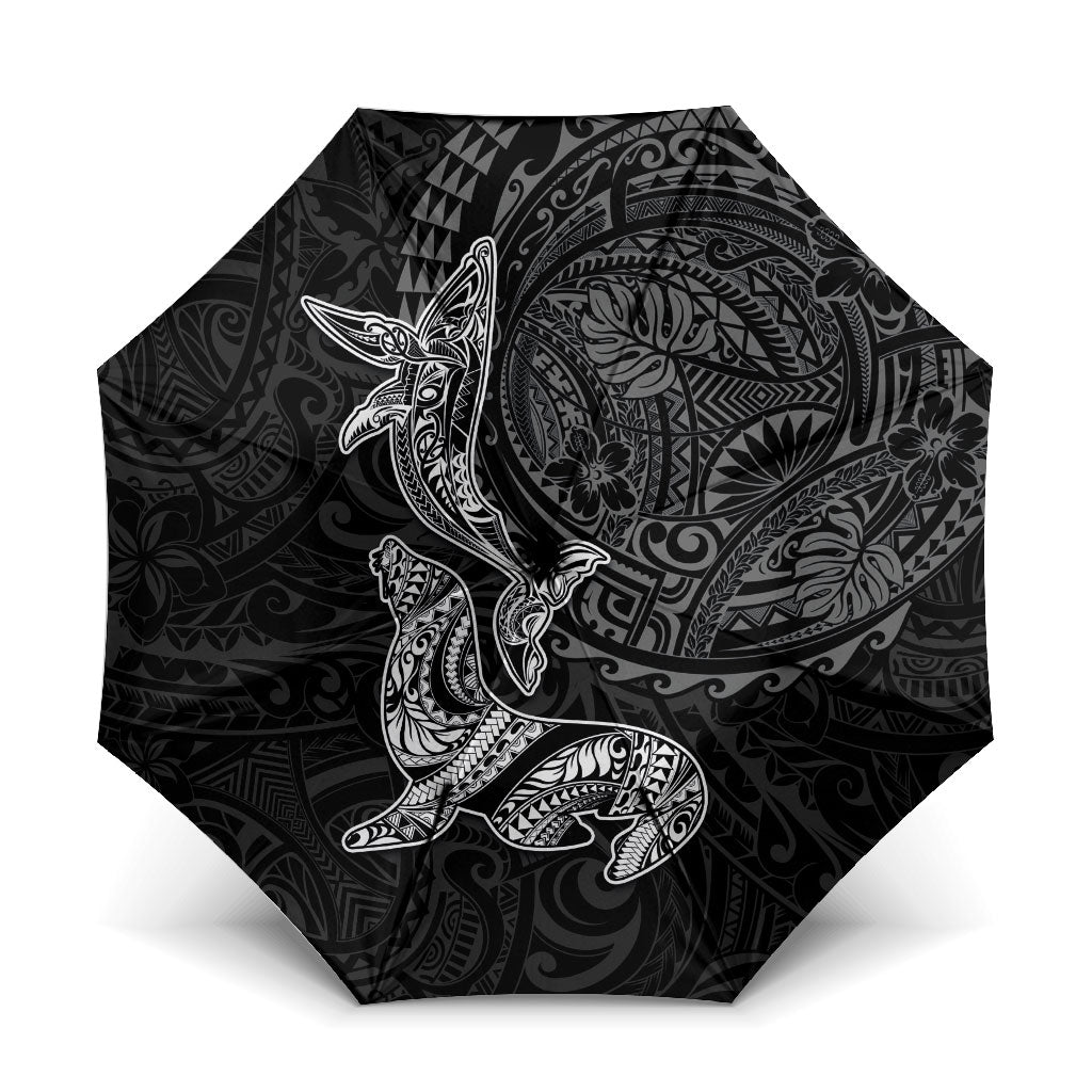 Hawaiian Monk Seal and Whale Umbrella Kakau Tribal Pattern Grayscale