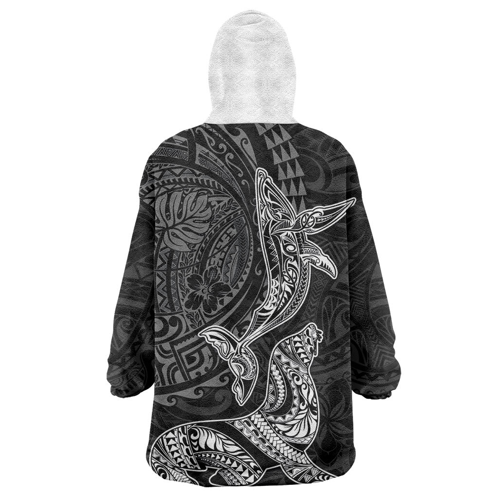 Hawaiian Monk Seal and Whale Wearable Blanket Hoodie Kakau Tribal Pattern Grayscale