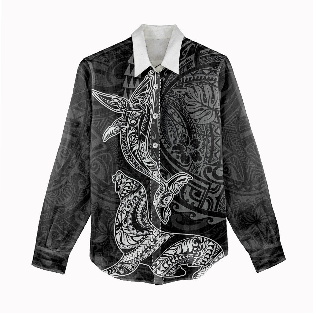 Hawaiian Monk Seal and Whale Women Casual Shirt Kakau Tribal Pattern Grayscale