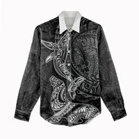 Hawaiian Monk Seal and Whale Women Casual Shirt Kakau Tribal Pattern Grayscale