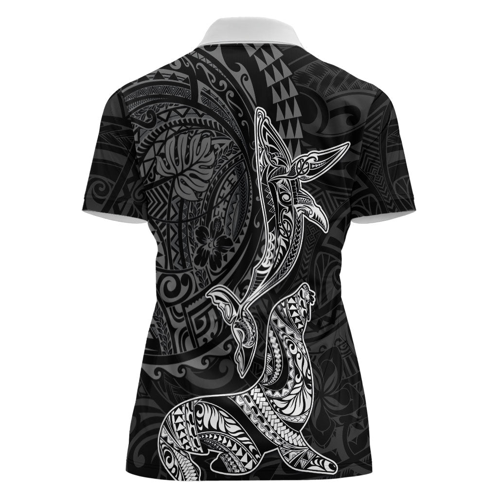 Hawaiian Monk Seal and Whale Women Polo Shirt Kakau Tribal Pattern Grayscale