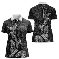 Hawaiian Monk Seal and Whale Women Polo Shirt Kakau Tribal Pattern Grayscale