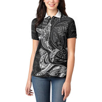 Hawaiian Monk Seal and Whale Women Polo Shirt Kakau Tribal Pattern Grayscale