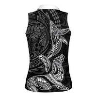 Hawaiian Monk Seal and Whale Women Sleeveless Polo Shirt Kakau Tribal Pattern Grayscale